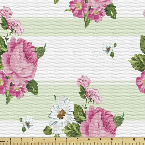 Ambesonne Peony Fabric by the Yard Upholstery, Daisies Flowers Bouquet Art, 2 Yards, Pale Green Pink