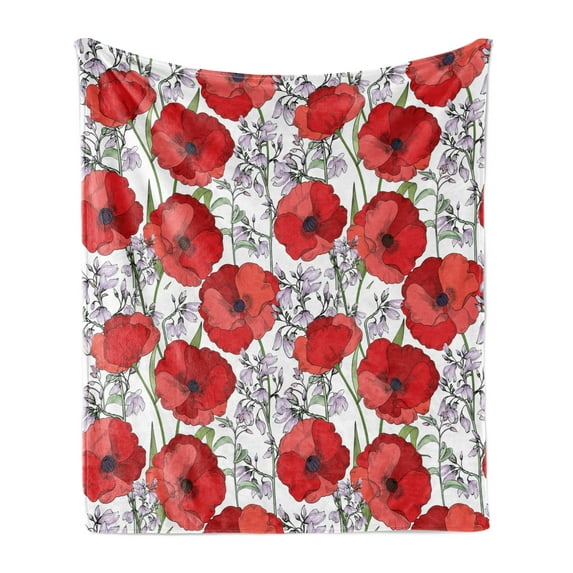 Peony Soft Flannel Fleece Blanket, Peony Garden Rural Petals Idyllic Blooms with Lavender Leaf Meadow Concept, Cozy Plush for Indoor and Outdoor Use, 50" x 70", Vermilion Lilac Green, by Ambesonne