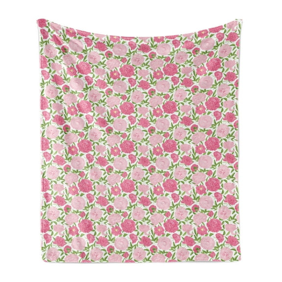 Peony Soft Flannel Fleece Throw Blanket, Continuous Simplistic Romantic Pink Tones Flowers, Cozy Plush for Indoor and Outdoor Use, 70" x 90", Pink Lime Green, by Ambesonne
