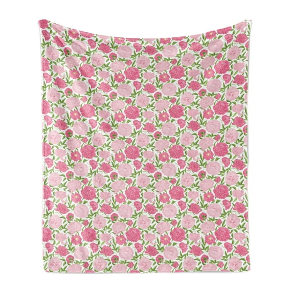 Peony Soft Flannel Fleece Throw Blanket, Continuous Simplistic Romantic Pink Tones Flowers, Cozy Plush for Indoor and Outdoor Use, 70" x 90", Pink Lime Green, by Ambesonne