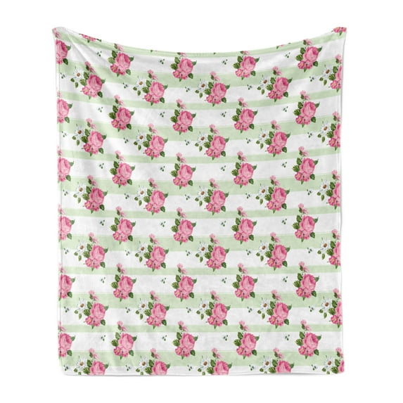 Peony Soft Flannel Fleece Throw Blanket, Daisies and Flowers Bouquet on Striped Background, Cozy Plush for Indoor and Outdoor Use, 50" x 60", Pale Green Pink, by Ambesonne