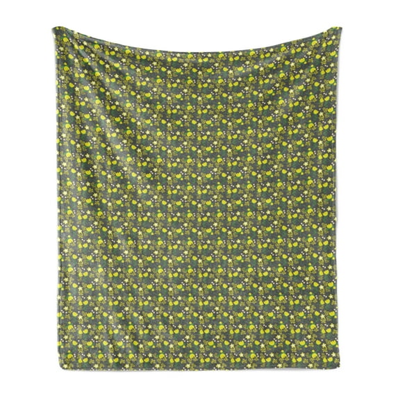 Peony Soft Flannel Fleece Throw Blanket, Flowers Leaves Flourishing Nature Arrangement on Greyscale Background, Cozy Plush for Indoor and Outdoor Use, 60" x 80", Taupe Grey Yellow Green, by Ambesonne