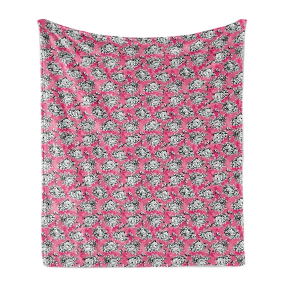 Peony Soft Flannel Fleece Throw Blanket, Greyscale Flower Chintz Rose Print on Vivid Tone Background, Cozy Plush for Indoor and Outdoor Use, 70" x 90", Hot Pink Pastel Pink, by Ambesonne