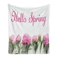 thumbnail image 1 of Peony Soft Flannel Fleece Throw Blanket, Hello Spring Typography Welcoming Composition Flower Photo, Cozy Plush for Indoor and Outdoor Use, 70" x 90", Baby Pink Fern Green, by Ambesonne, 1 of 5