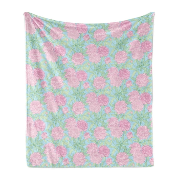 Peony Soft Flannel Fleece Throw Blanket, Peony Petals and Sprouts Flourishing on Fresh Stems with Leaves, Cozy Plush for Indoor and Outdoor Use, 50" x 70", Mint Green Pale Blue, by Ambesonne