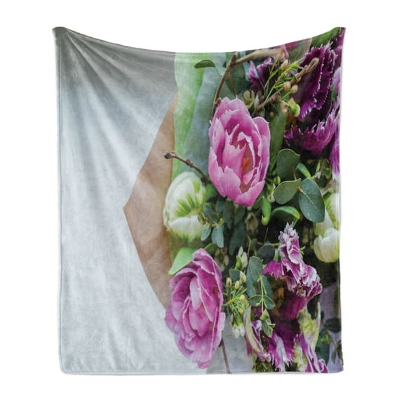 Peony Soft Flannel Fleece Throw Blanket, Romantic Photo of Colorful Blossom Mix Floral Bouquet, Cozy Plush for Indoor and Outdoor Use, 70" x 90", Lilac Multicolor, by Ambesonne