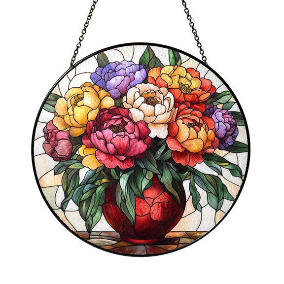 Peony Stained Glass Suncatcher Floral Vase