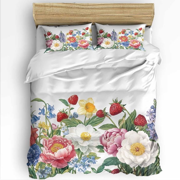 Peony Strawberry Full Size Comforter Set, Spring Flowers Plant Retro Soft Bedding for All Seasons, 4 Pcs Bed Set with 1Comforter (86"x86") ,1 Sheet(80"x116"), 2 Pillowcases (19"x29")
