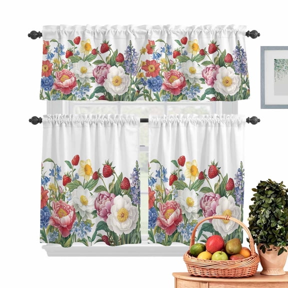 Peony Strawberry Kitchen Curtains Valances 3 Piece Set, Spring Flowers Rod Pocket Tier Curtain and Valance Drapes for Small Window 36 Inch Length for Bedroom Cafe