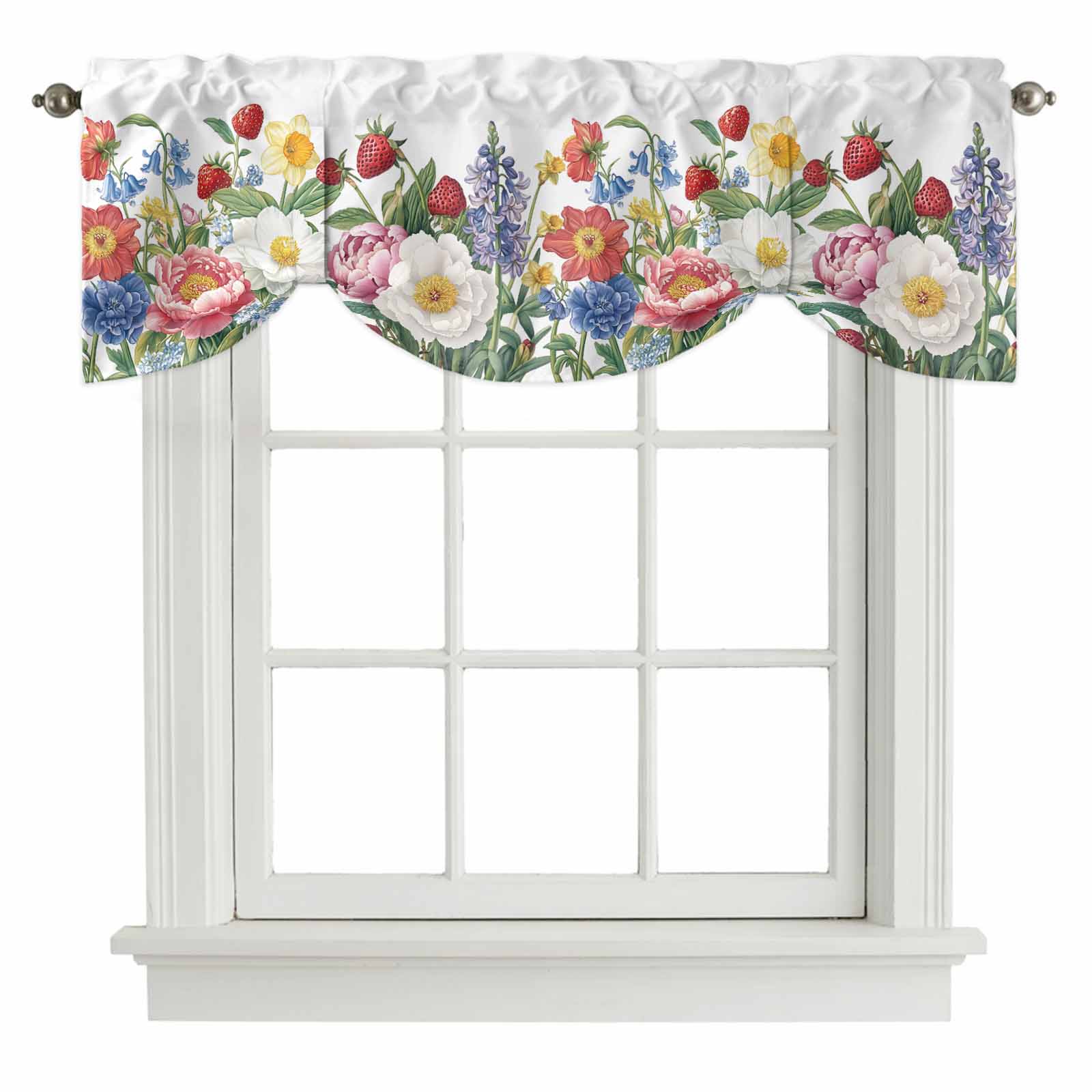 Peony Strawberry Tie Up Valance for Windows, Spring Flowers Adjustable ...