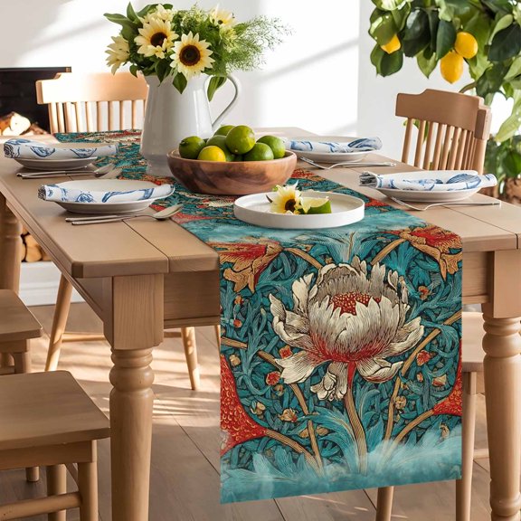 Peony Table Runner, Vintage Retro Flower Floral Leaf Embroidery Texture Farm Washable Kitchen Table Runners Dress Scarves for Dining Table Decorations Party/Restaurant/Indoor Outdoor Use, 13x36in