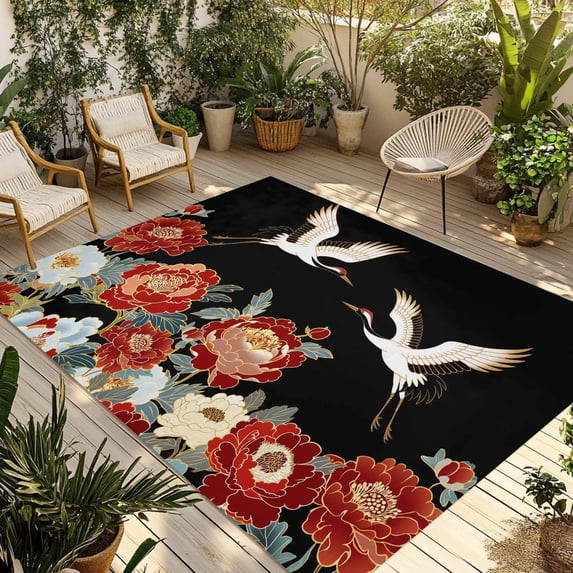 Peony White Bird Outdoor Rug for Patio/Deck/Porch, Non-Slip Large Area Rug 5 x 7 Ft, Black Farmhouse Retro Japanese Floral Indoor Outdoor Rugs Washable Area Rugs, Reversible Camping Rug Carpet Runner