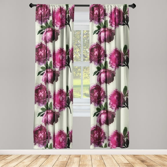 Peony Window Curtains, Asian Vibes Watercolor Floral with Leaves Greenery on Cream Boho Backdrop, Lightweight Decor 2-Panel Set with Rod Pocket, Pair of - 28"x84", Forest Green Magenta, by Ambesonne