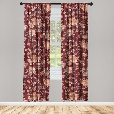 Peony Window Curtains, Autumn Color Flowers with Leafy Branches Pattern Melancholic Vibes Art, Lightweight Decor 2-Panel Set with Rod Pocket, Pair of - 28"x63", Raspberry Coral Grey Teal, by Ambesonne