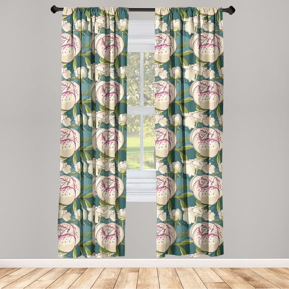 Peony Window Curtains, Cartoon Inspirations Innocent Floral Pattern with Leaves Greenery Print, Lightweight Decor 2-Panel Set with Rod Pocket, Pair of - 28"x84", Hunter Green Champagne, by Ambesonne
