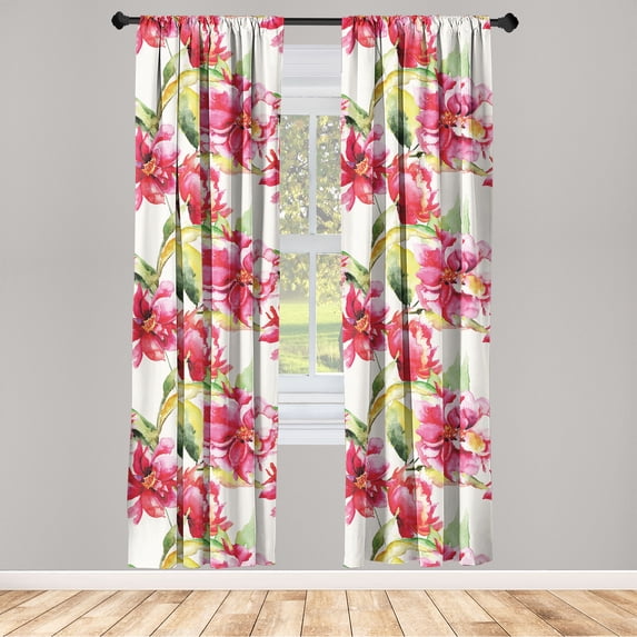 Peony Window Curtains, Springtime Artwork of Dreamy Floral and Leafy Pattern Asian Vibes Print, Lightweight Decor 2-Panel Set with Rod Pocket, Pair of - 28"x95", Laurel Green Dark Coral, by Ambesonne