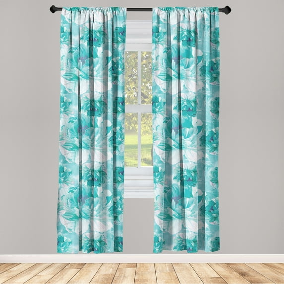 Peony Window Curtains, Watercolor Design Floral Pattern with Nautical Colors with Delicate Petals, Lightweight Decor 2-Panel Set with Rod Pocket, Pair of - 28"x63", Dark Seafoam Seafoam, by Ambesonne
