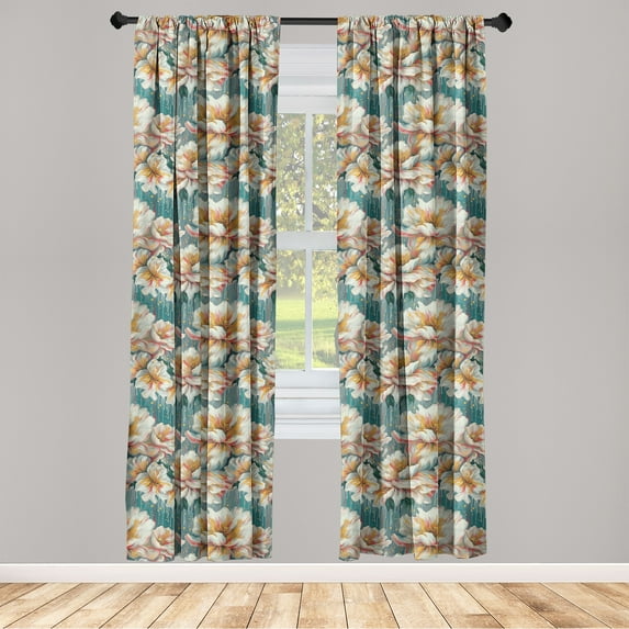 Peony Window Curtains, Watercolor Design Grunge Feels Floral Pattern with Innocent Petals Print, Lightweight Decor 2-Panel Set with Rod Pocket, Pair of - 28"x63", Amber Teal Cadet Blue, by Ambesonne