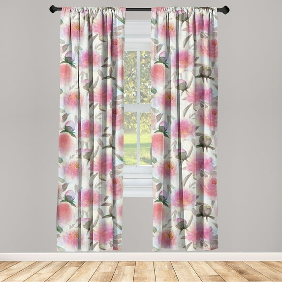 Peony Window Curtains, Watercolor Pastel Flowers Ornament of Spring Nature Blossoms Garden Art, Lightweight Decor 2-Panel Set with Rod Pocket, Pair of - 28"x63", Pink and Slate Brown, by Ambesonne