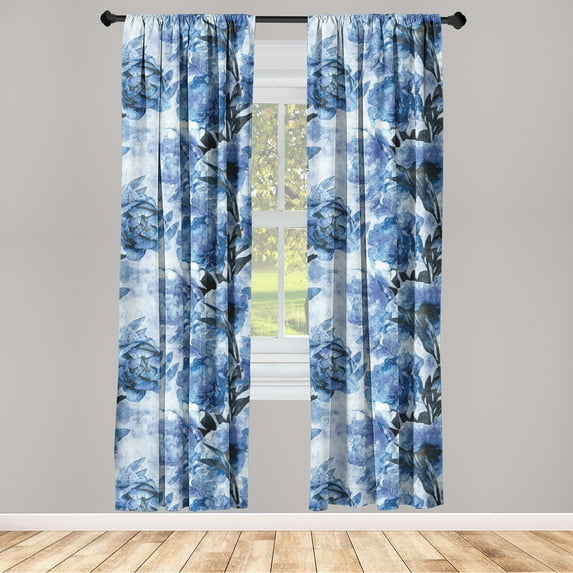 Peony Window Curtains, Winter Colors Illustration of Wild Life Floral Boho Pattern Vintage Print, Lightweight Decor 2-Panel Set with Rod Pocket, Pair of - 28"x95", Cobalt Blue Pale Blue, by Ambesonne