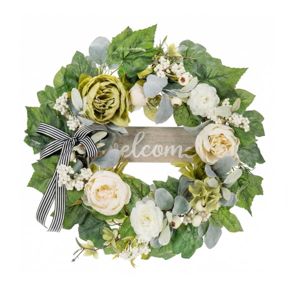 Peony Wreaths for Front Door Decor, 22" Artificial Green Flowers Wreath Decorations for Spring Summer Home Door Window Outside Wall Indoor Outdoor Porch and Birthday Wedding Party Y101