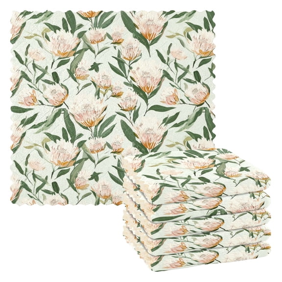 Peony and Green Leaves Kitchen Cloth Dish Towels for Drying Washing Absorbent Dish Rags 6 Pack