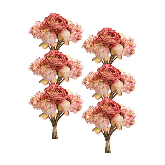 Melrose Set of 6 Pink Peony and Hydrangea Artificial Floral Bouquet 16.75"