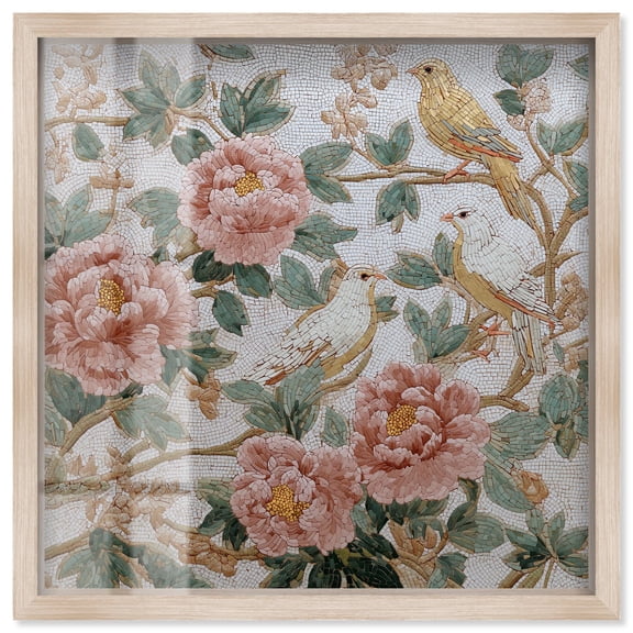 Peony and the Sparrow II Shadowbox Print Lounge Wall Art by Art Remedy, Blonde Frame, 40 x 40