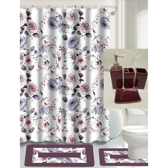 Peony purple Bathroom rug, mat non slip soft shaggy with shower curtain 12 hook and 4 pc matching ceramic accessories toothbrush holder, toothpaste holder, soap pump and soap dish