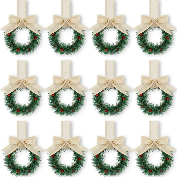 Peonyrain 12Pcs Christmas Kitchen Cabinet Wreaths with Ribbon Mini Christmas Wreath Small Kitchen Wreath Greenery Wreath for Window Door