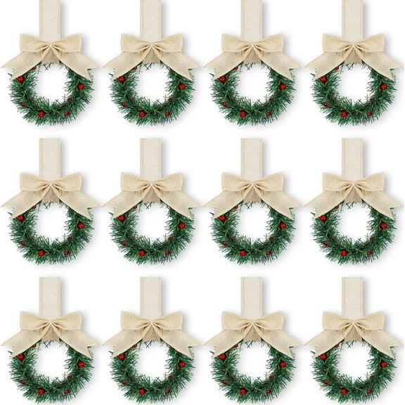 Peonyrain 12Pcs Christmas Kitchen Cabinet Wreaths with Ribbon Mini Christmas Wreath Small Kitchen Wreath Greenery Wreath for Window Door