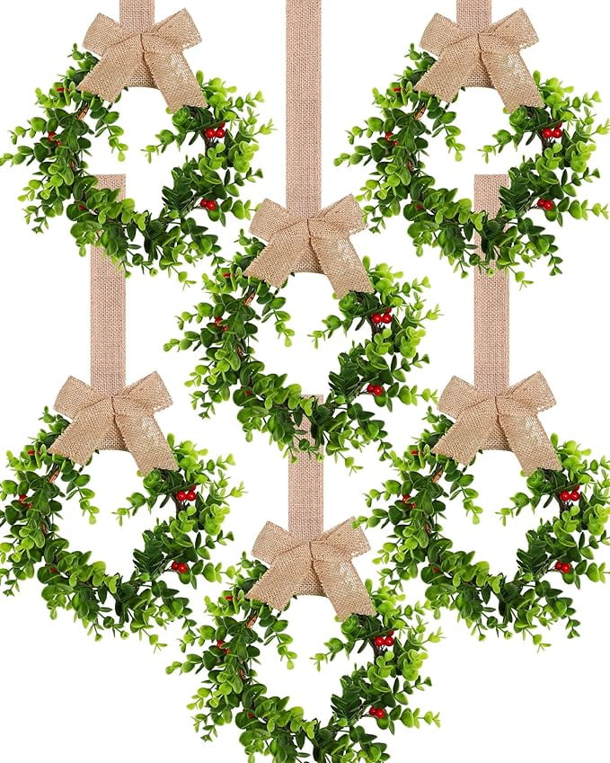 Retrowavy 12-Pack Mini Christmas Wreaths With Ribbon - Small Greenery Wreaths For Cabinets & Doors (Black Classic) - View #13