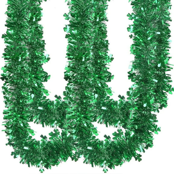 Peonyrain 4PCS 33FT St.Patrick's Day Tinsel Garland,Shamrock Clover Green Gold Metallic Garland for Irish Party Home Decoration