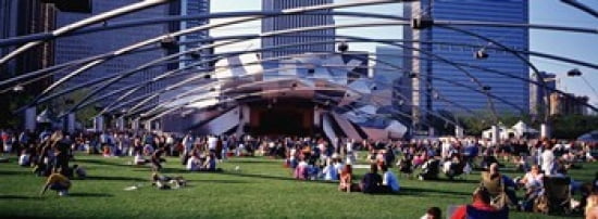 People At A Lawn Pritzker Pavilion Millennium Park Chicago Illinois USA Canvas Art - Panoramic Images (36 x 13)