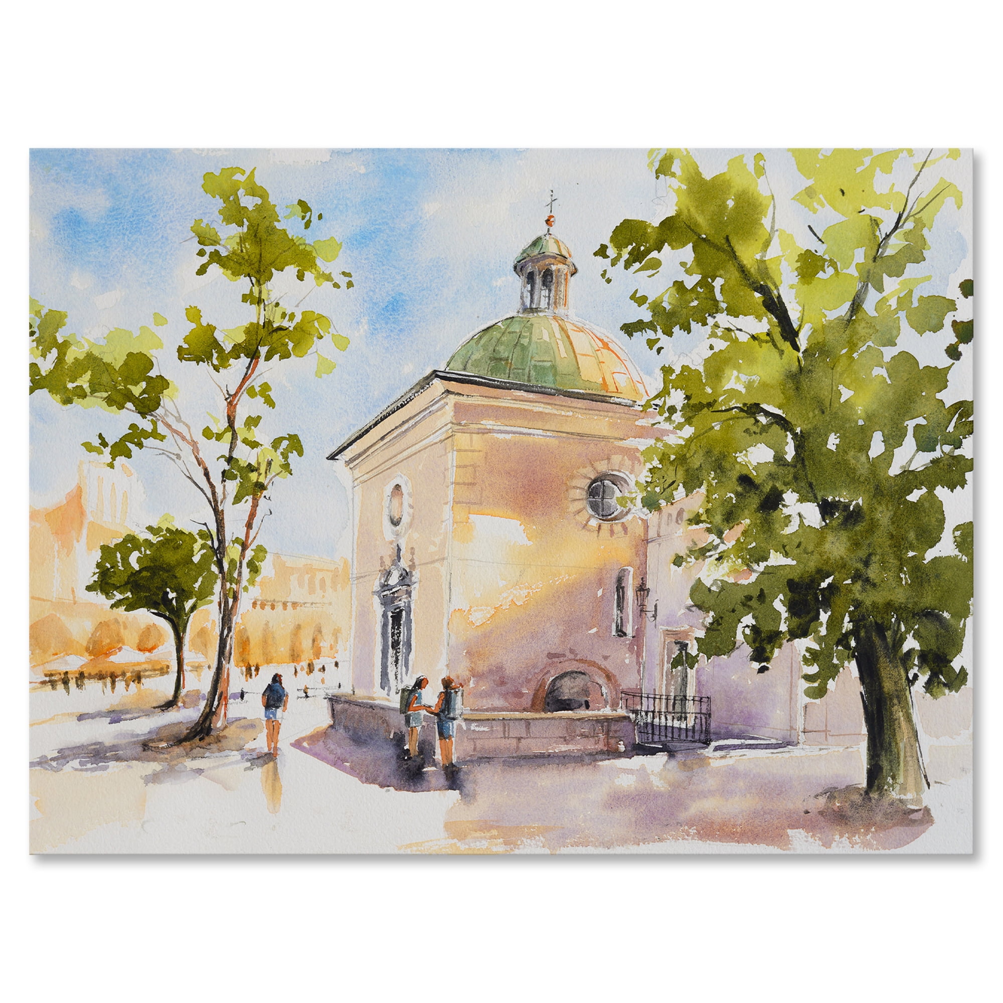 Rustic Village Church Scene Green and Beige Canvas Art Print