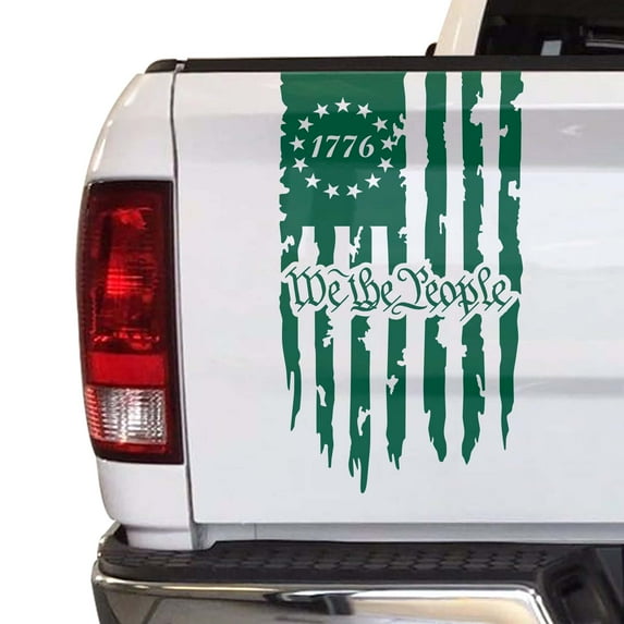 We The People Betsy Ross Flag 1776 Distressed American USA US Flag Truck Tailgate Vinyl Decal Preamble of The US Constitution fits most Pickup Trucks (11" x 20", Forest Green)