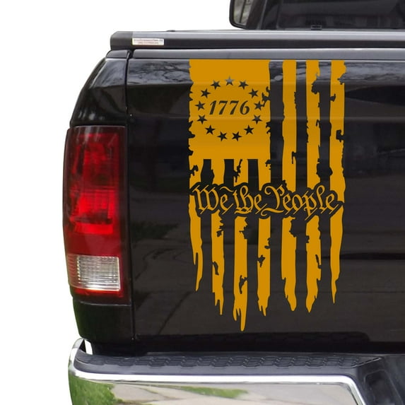 We The People Betsy Ross Flag 1776 Distressed American USA US Flag Truck Tailgate Vinyl Decal Preamble of The US Constitution fits most Pickup Trucks (11" x 20", Golden Yellow)