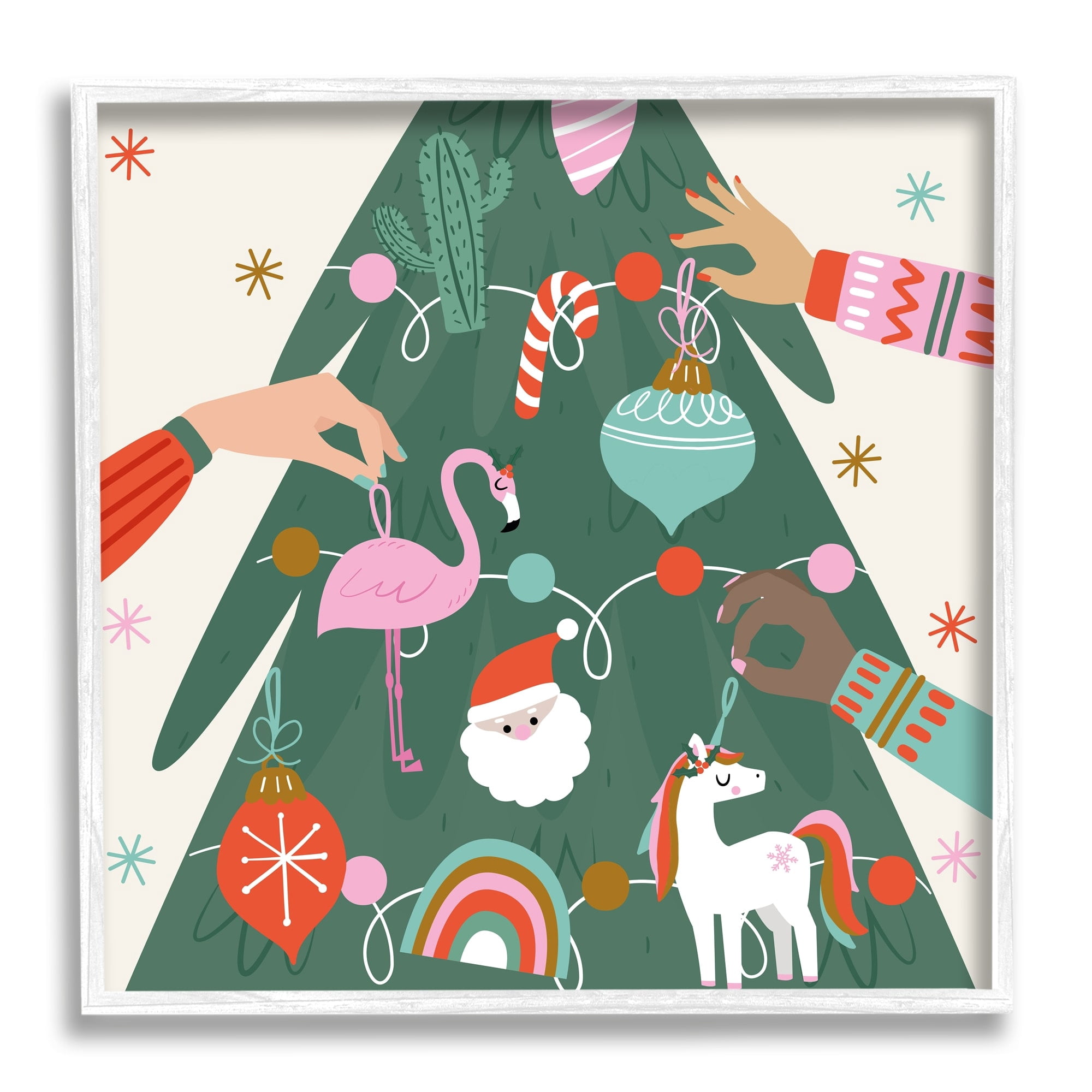 People Decorating Christmas Fir Tree Cheerful Ornaments Holiday Graphic Art Framed Art Print Wall Art