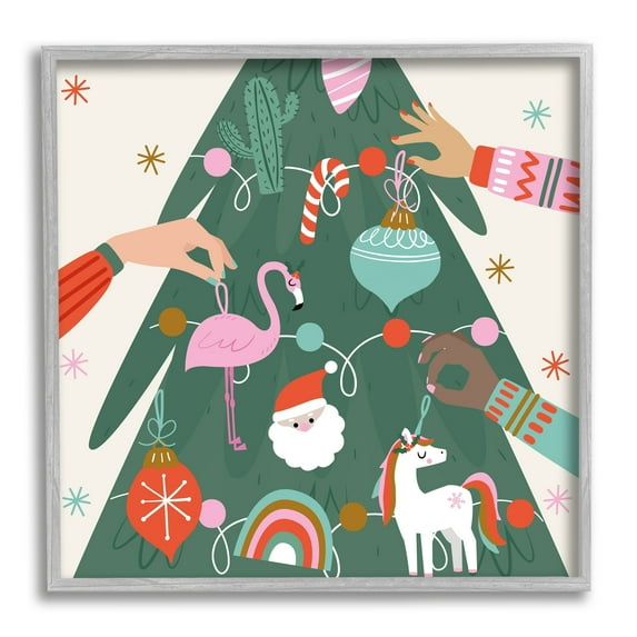 People Decorating Christmas Fir Tree Cheerful Ornaments Holiday Graphic Art Framed Art Print Wall Art