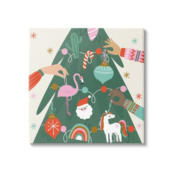 People Decorating Christmas Fir Tree Cheerful Ornaments Holiday Graphic Art Gallery-Wrapped Canvas Print Wall Art