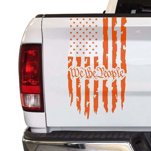We The People Distressed American USA US Flag Truck Tailgate Vinyl Decal Preamble of the US Constitution Compatible with most Pickup Trucks - Rear Car Sticker (11" x 20", Orange)