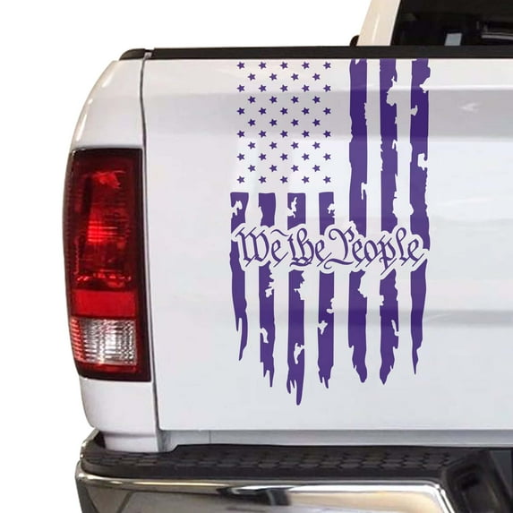 We The People Distressed American USA US Flag Truck Tailgate Vinyl Decal Preamble of the US Constitution Compatible with most Pickup Trucks - Rear Car Sticker (11" x 20", Purple)