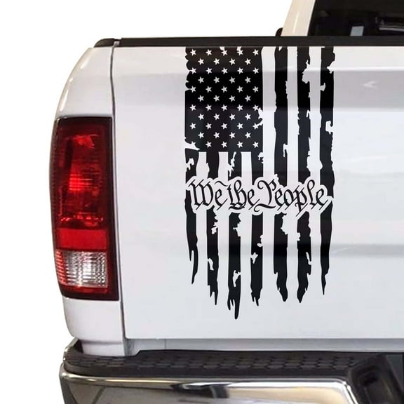 We The People Distressed American USA US Flag Truck Tailgate Vinyl Decal Preamble of the US Constitution Compatible with most Pickup Trucks - Rear Sticker (11" x 20", Black)