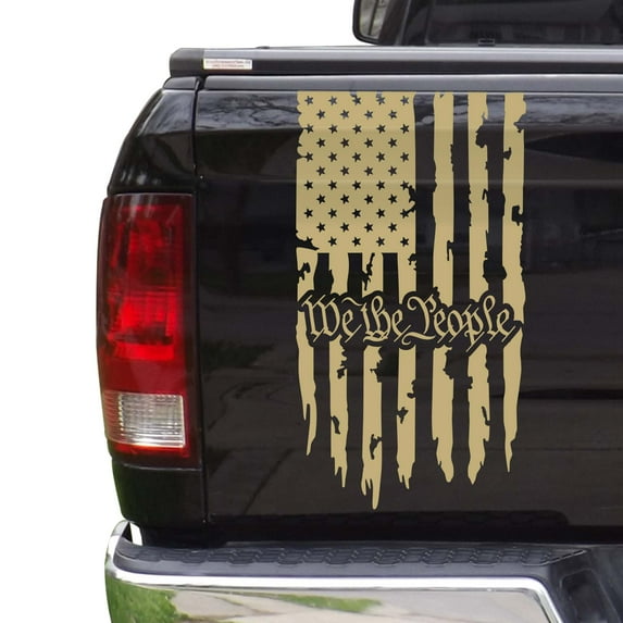 We The People Distressed American USA US Flag Truck Tailgate Vinyl Decal Preamble of the US Constitution Compatible with most Pickup Trucks - Rear Sticker (11" x 20", Cream)