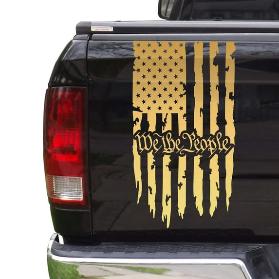 We The People Distressed American USA US Flag Truck Tailgate Vinyl Decal Preamble of the US Constitution Compatible with most Pickup Trucks - Rear Sticker (11" x 20", Gold (Metallic))