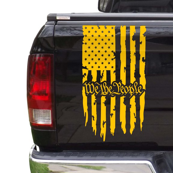 We The People Distressed American USA US Flag Truck Tailgate Vinyl Decal Preamble of the US Constitution Compatible with most Pickup Trucks - Rear Sticker (11" x 20", Yellow)