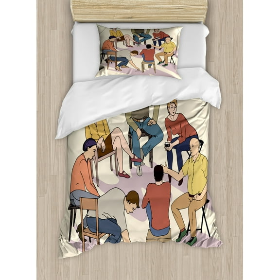 People Duvet Cover Set Twin Size, Group Meeting Psychology Treatment People Conversation Modern Wellness Illustration, Decorative 2 Piece Bedding Set with 1 Pillow Sham, Multicolor, by Ambesonne