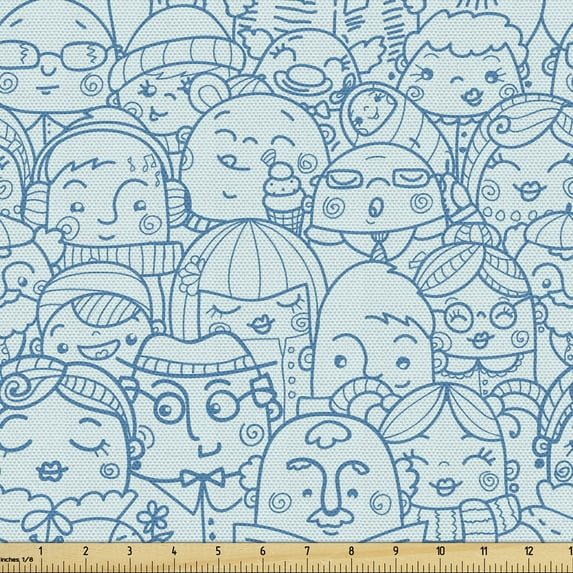 Ambesonne Cartoon Fabric by the Yard Upholstery, Funny People Crowd Outline, 3 Yards, Pale Turquoise Sea Blue