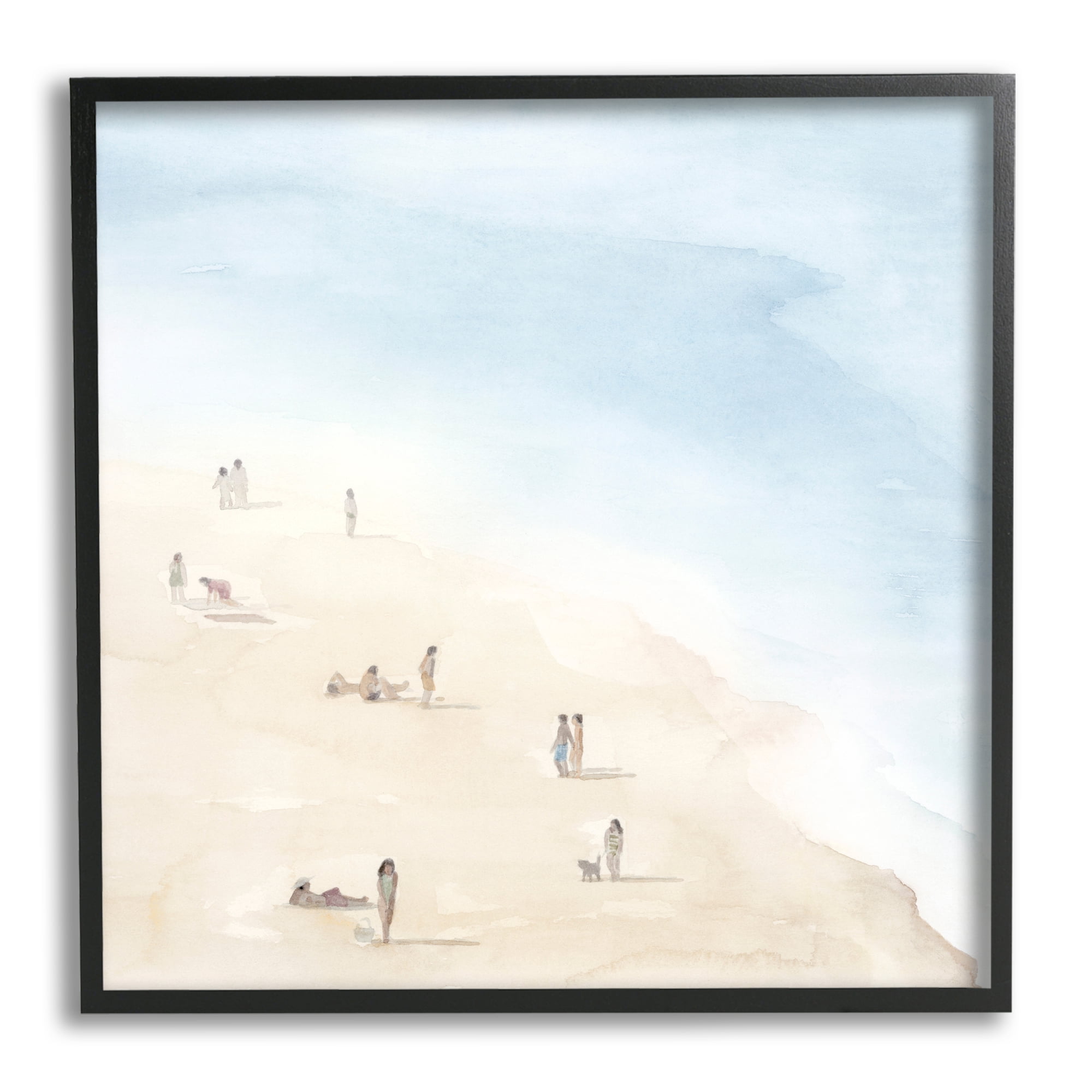 People Lounging at Beach Soft Blue Coastal Landscape Coastal Framed Art Print Wall Art, 17x17