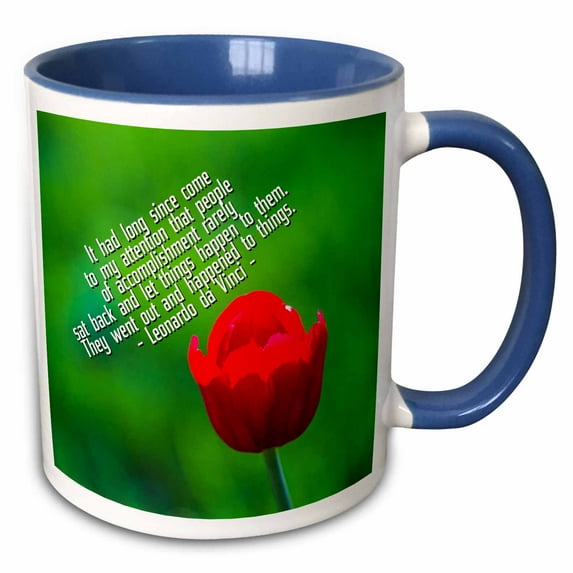 3drose, People of Accomplishment.. Da Vinci Quote, Red Tulip Flower on Green, 11oz Two-tone Blue Mug